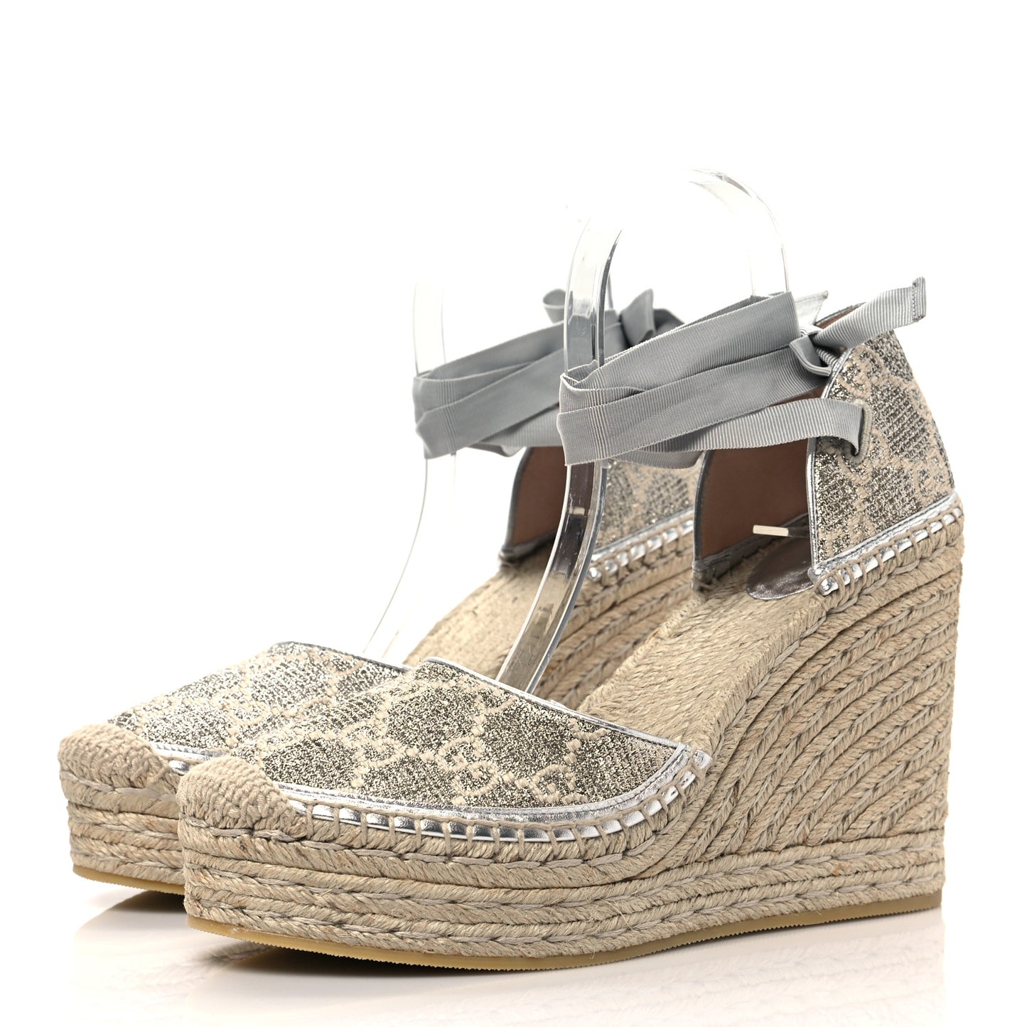 Lame GG Monogram Ankle Wrap Platform Espadrille Wedges 41 Silver Beige Light Grey
