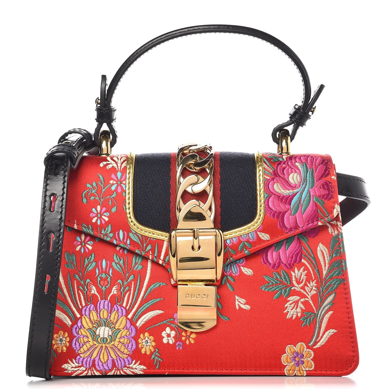 Gucci Jacquard Floral Mini Sylvie Top Handle Bag Red Multicolor Black 1 of 8