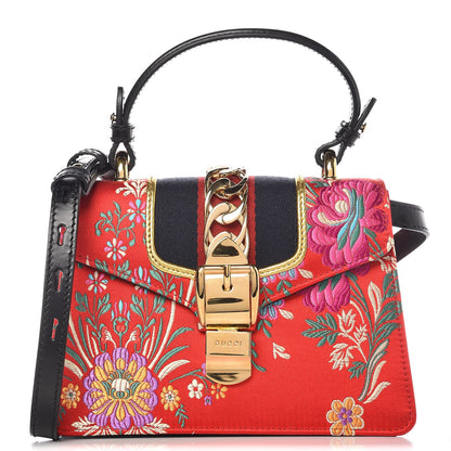 Gucci Jacquard Floral Mini Sylvie Top Handle Bag Red Multicolor Black 1 of 8