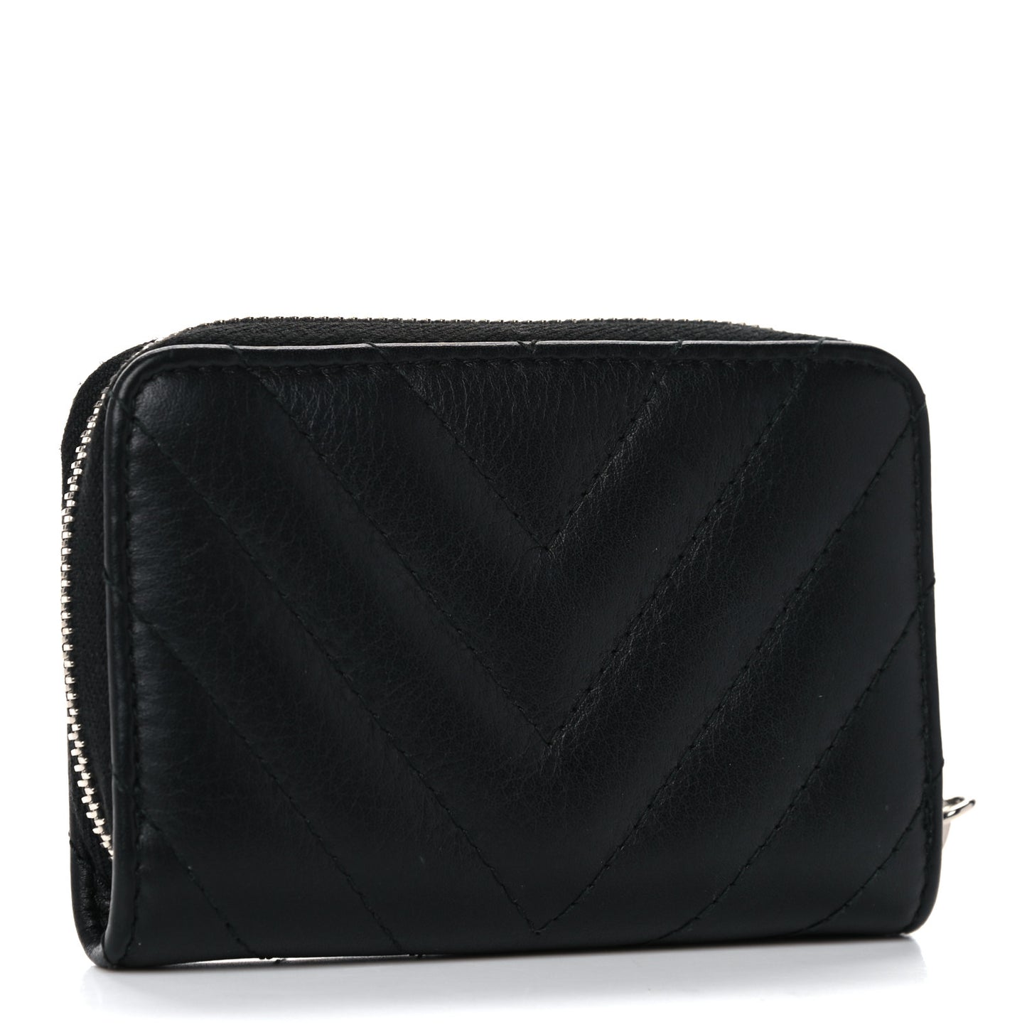 Calfskin Chevron Quilted Tassel Zip Around Coin Purse Black