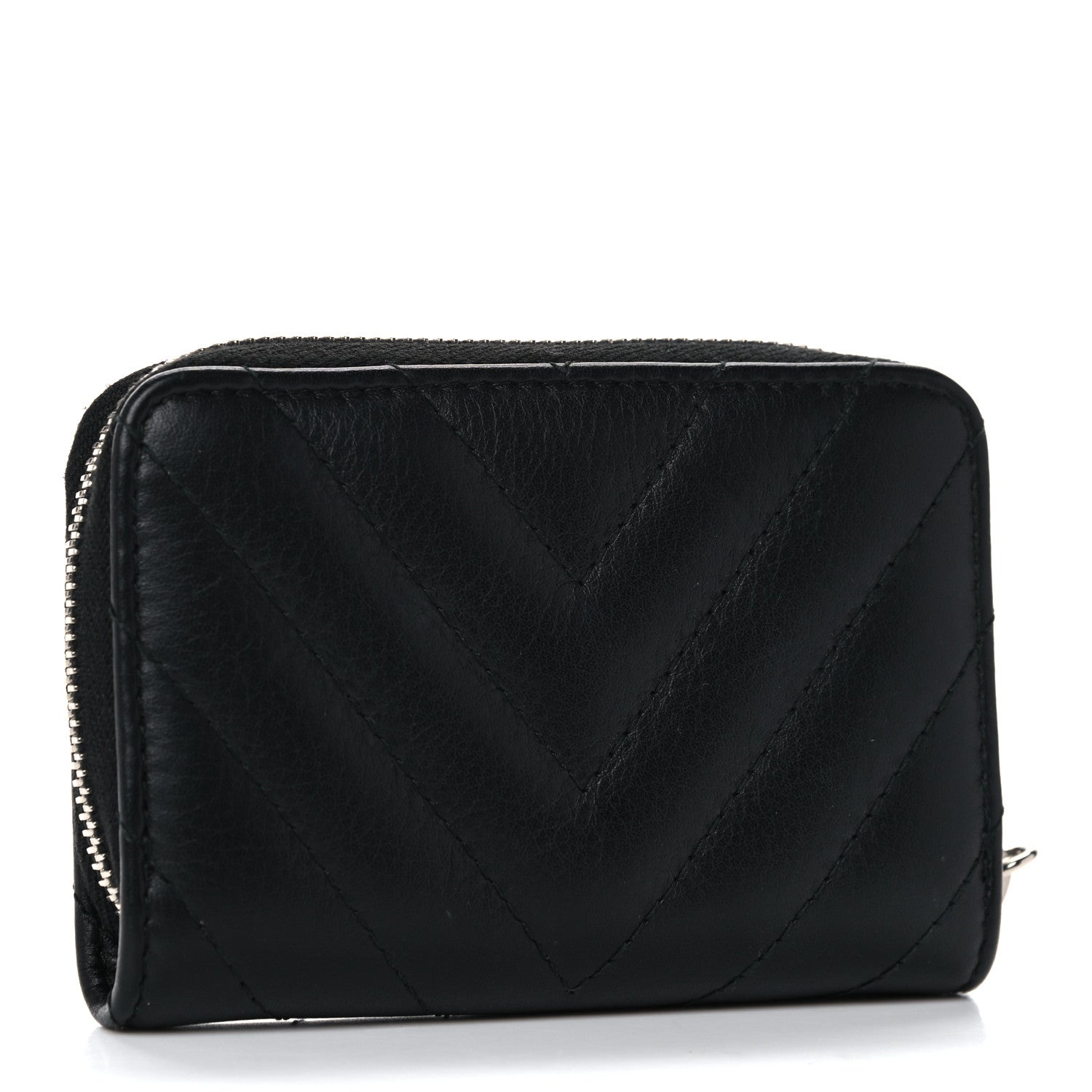 Chanel Calfskin Chevron Quilted Tassel Zip Around Coin Purse Black 3 of 10
