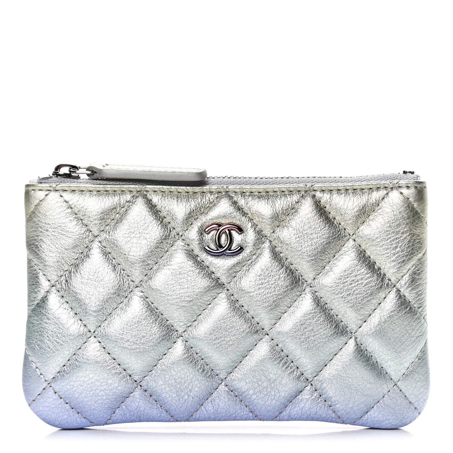 Gradient Metallic Calfskin Quilted Small Cosmetic Pouch Silver Blue Yellow Purple