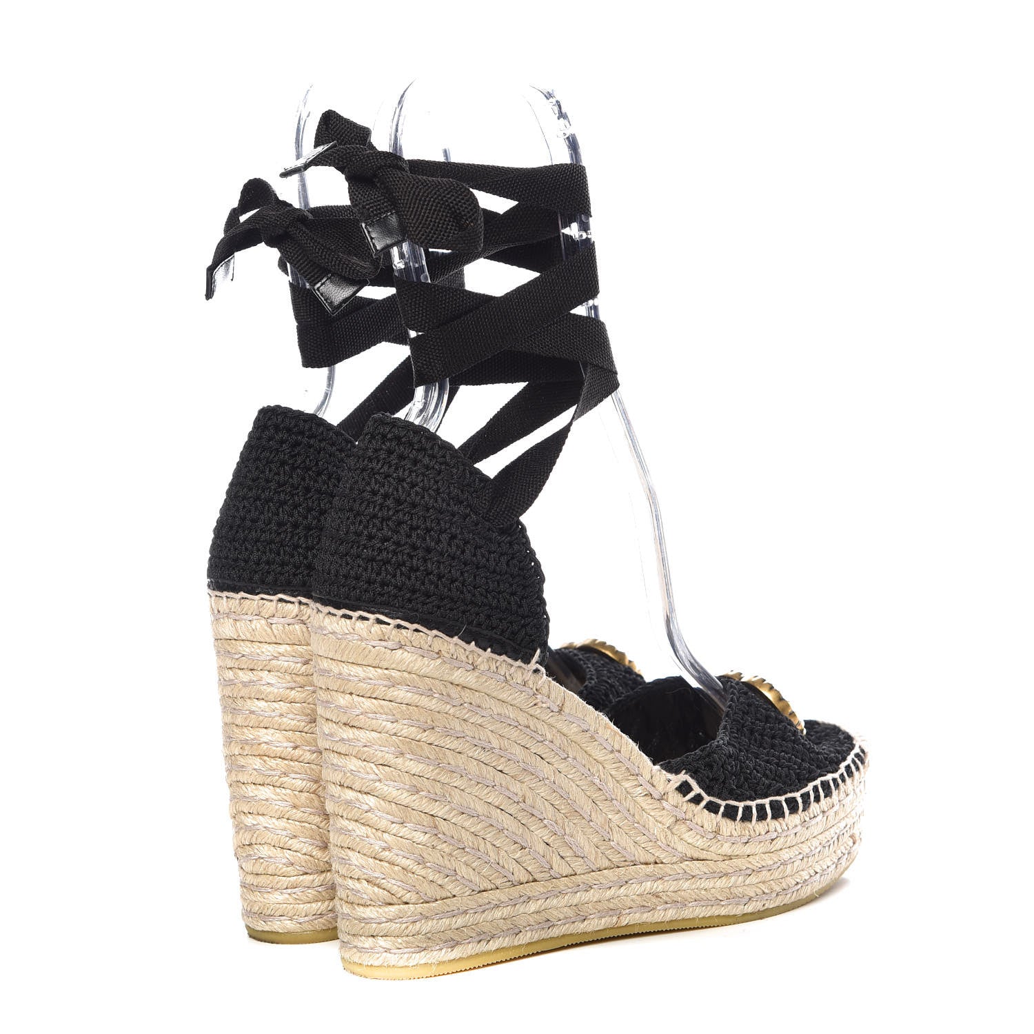 Gucci Cotton Crochet Pearly GG Ankle Wrap Platform Espadrille Wedges 37 Black 4 of 11