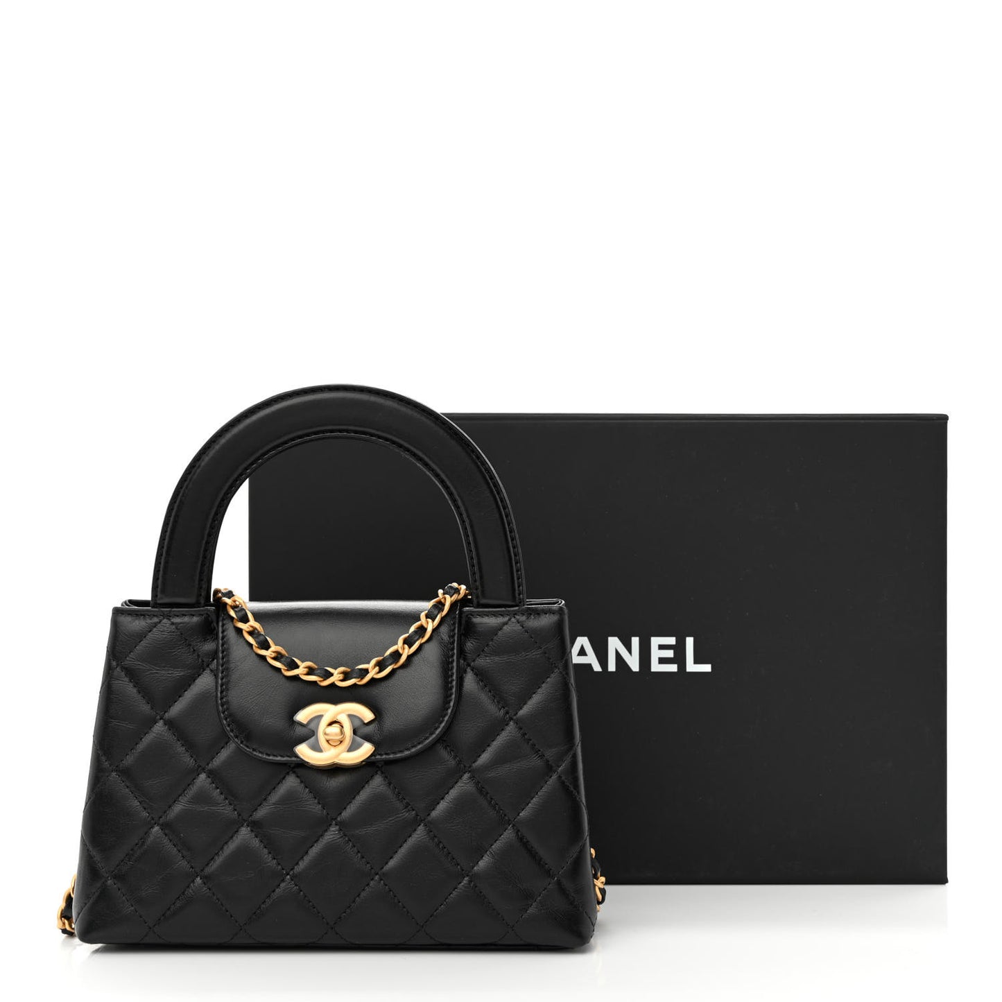 Shiny Aged Calfskin Quilted Nano Kelly Shopper Black