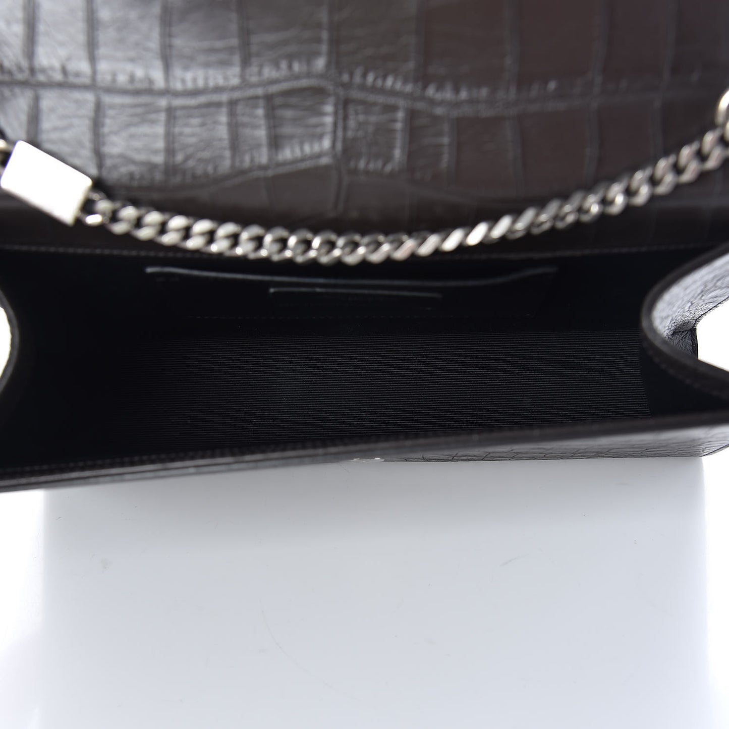 Calfskin Crocodile Embossed Medium Classic Monogram Kate Tassel Satchel Earth Grey