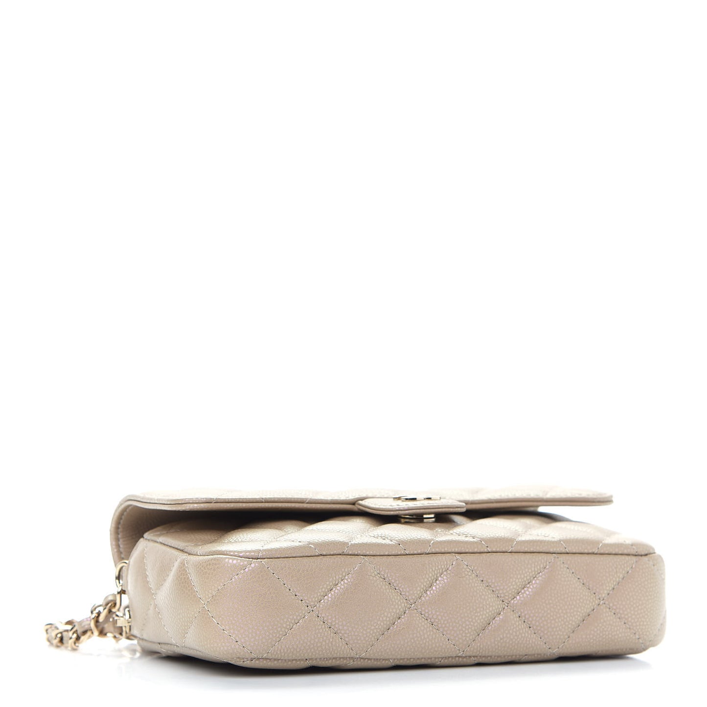 Iridescent Caviar Quilted Flap Phone Holder With Chain Beige