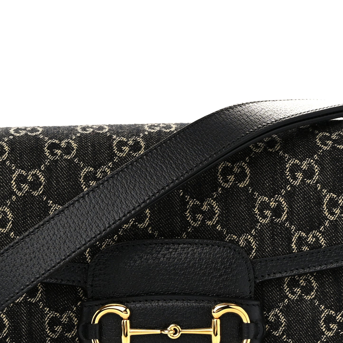 Jacquard Black Denim GG Monogram Textured Dollar Calfskin Horsebit 1955 Shoulder Bag Black Ivory