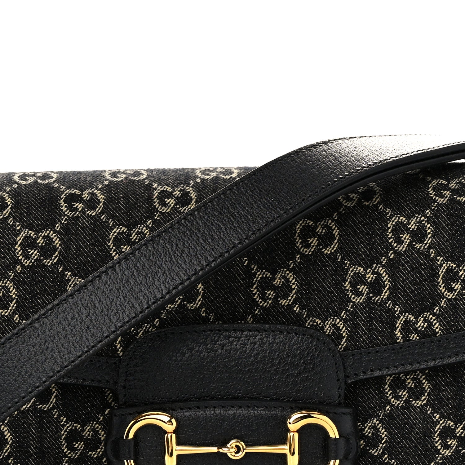 Gucci Jacquard Black Denim GG Monogram Textured Dollar Calfskin Horsebit 1955 Shoulder Bag Black Ivory 8 of 10