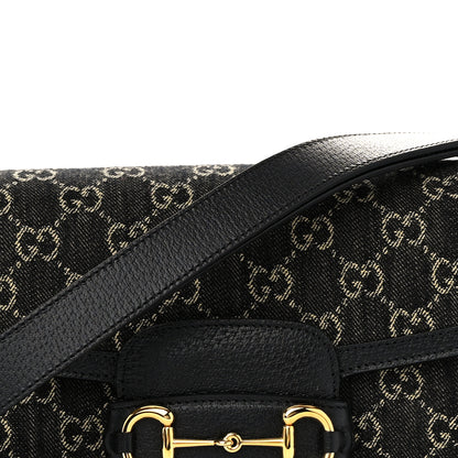 Gucci Jacquard Black Denim GG Monogram Textured Dollar Calfskin Horsebit 1955 Shoulder Bag Black Ivory 8 of 10