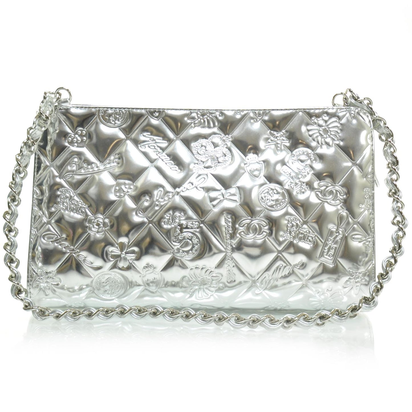 Metallic Patent Calfskin Lucky Symbols Pochette Silver