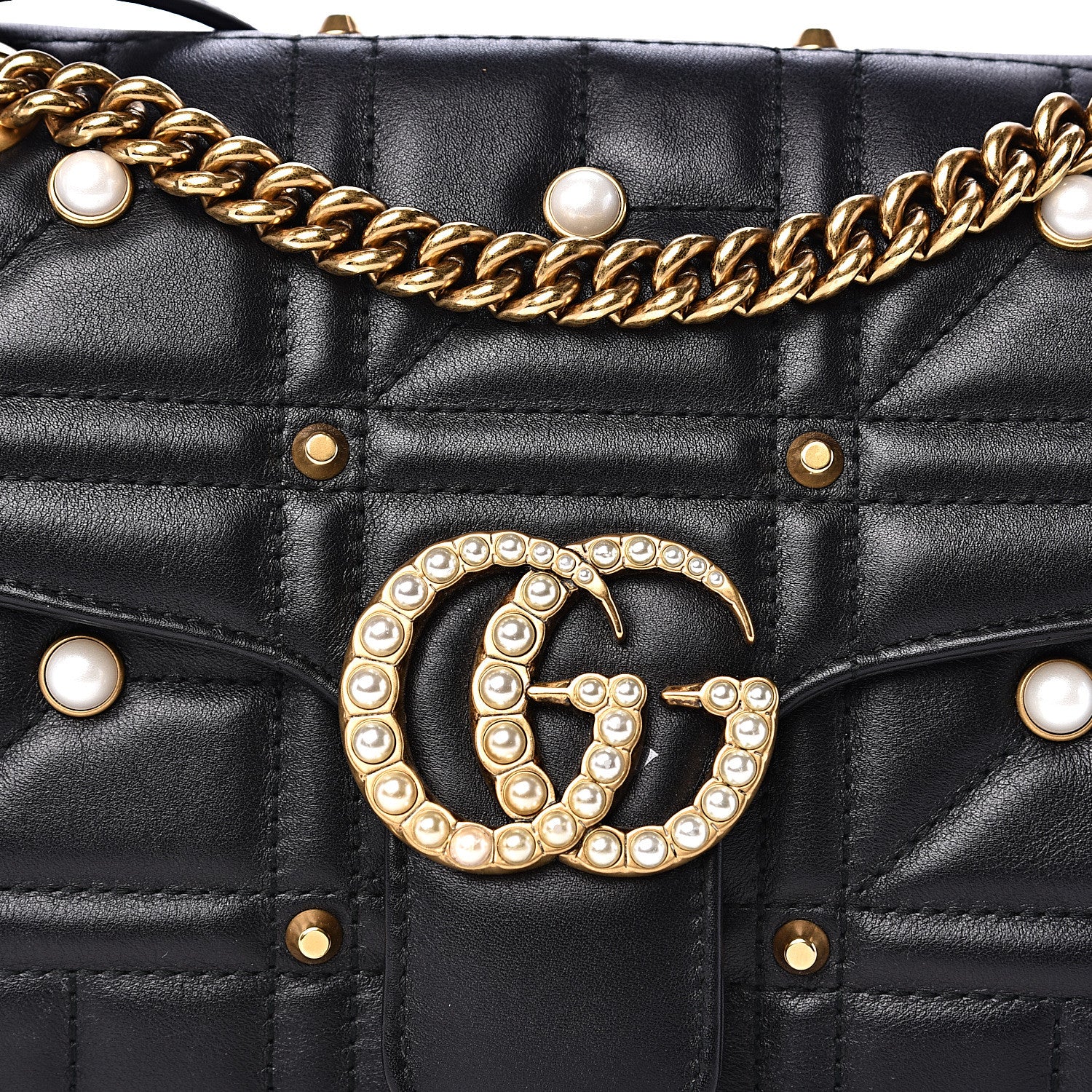 Gucci Calfskin Matelasse Studded Small Pearly GG Marmont Shoulder Bag Black 7 of 12
