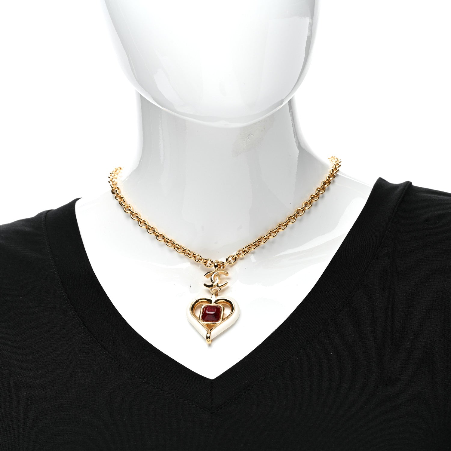 Chanel Resin Crystal Heart CC Pendant Necklace Red White Gold 2 of 5