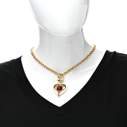 Chanel Resin Crystal Heart CC Pendant Necklace Red White Gold 2 of 5