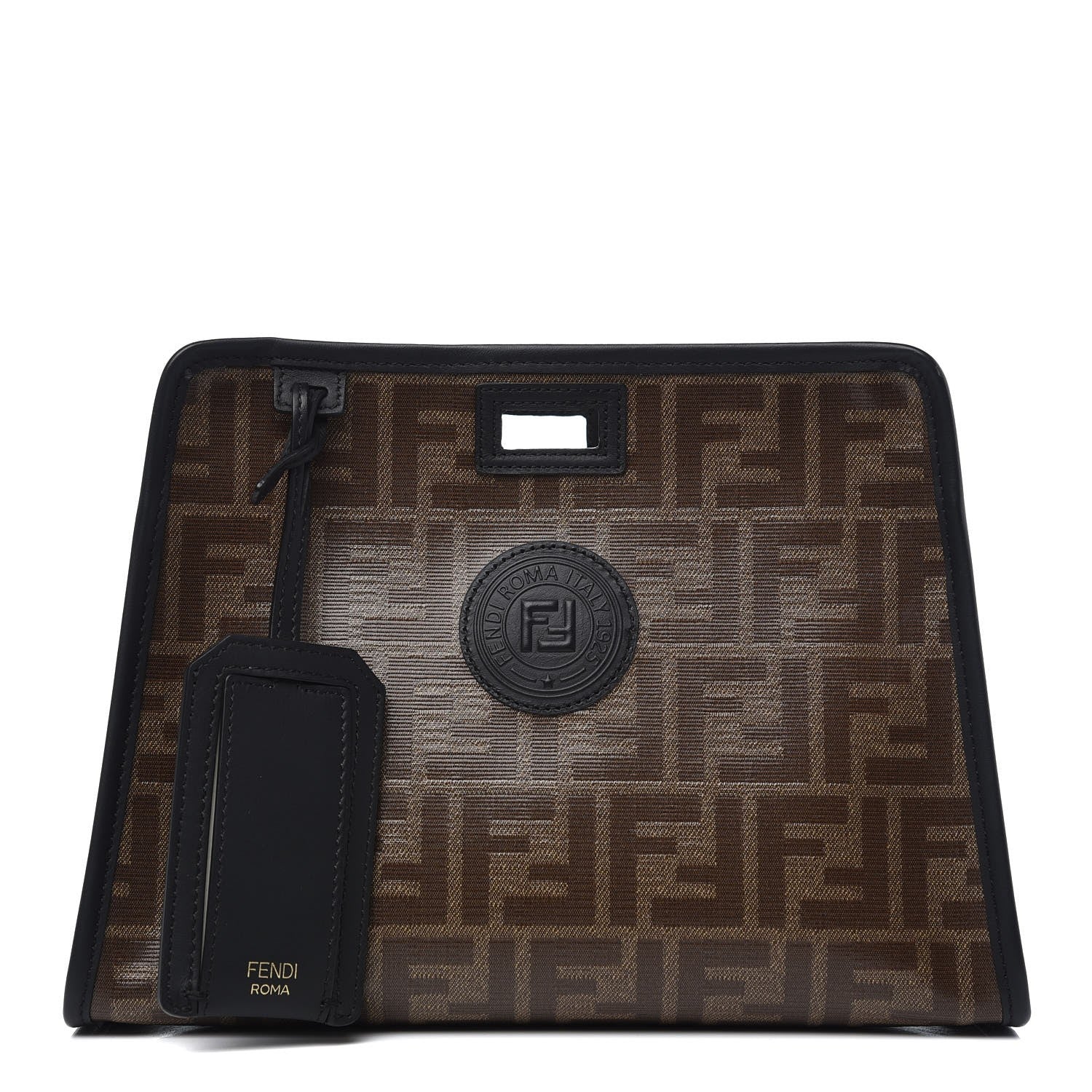Fendi Glazed Fabric Vitello Century FF 1974 Stamp Patch Mini Peekaboo Defender Cover Mogano Panna Black 1 of 7