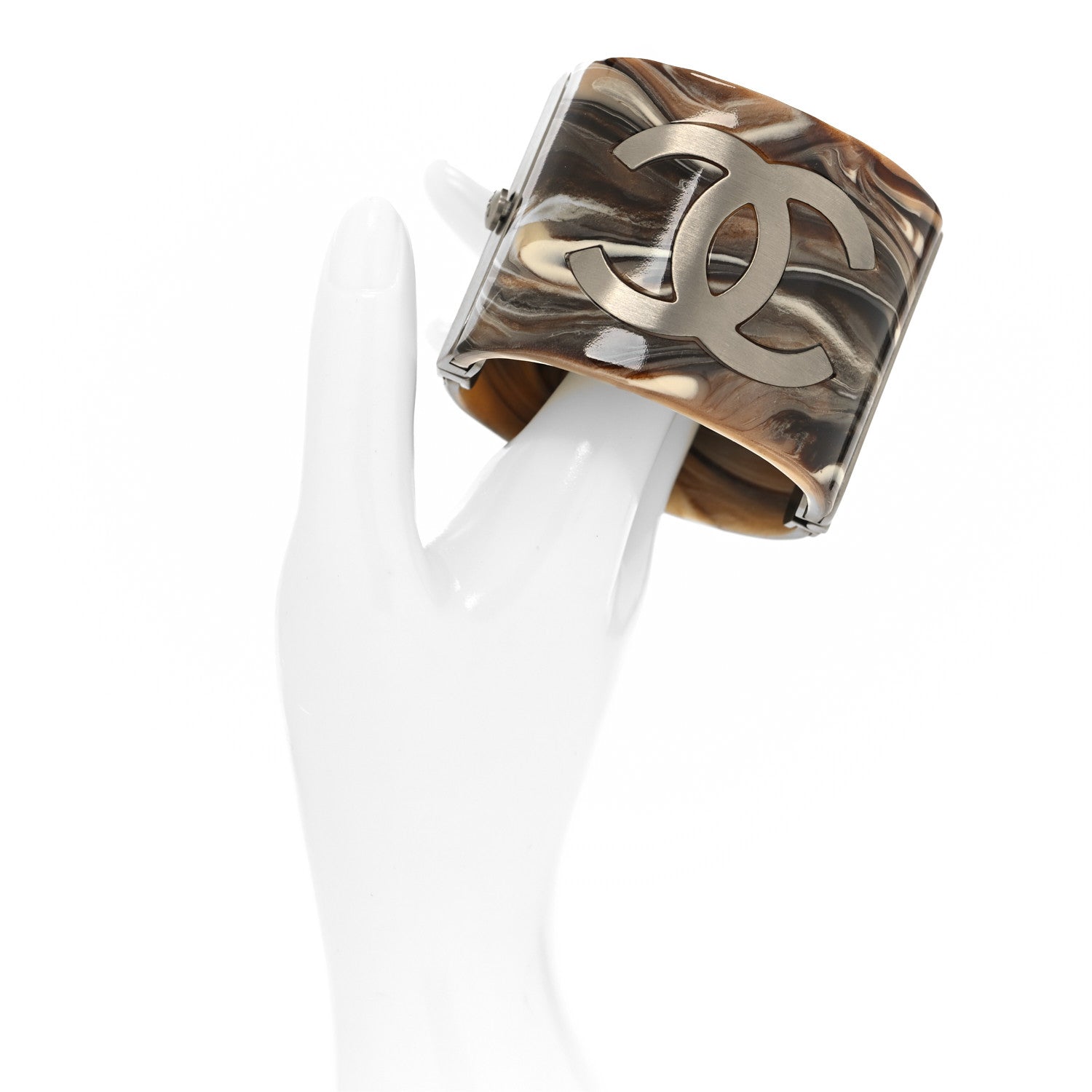 Chanel Resin Marbled CC Cuff Bracelet Brown Silver 2 of 5