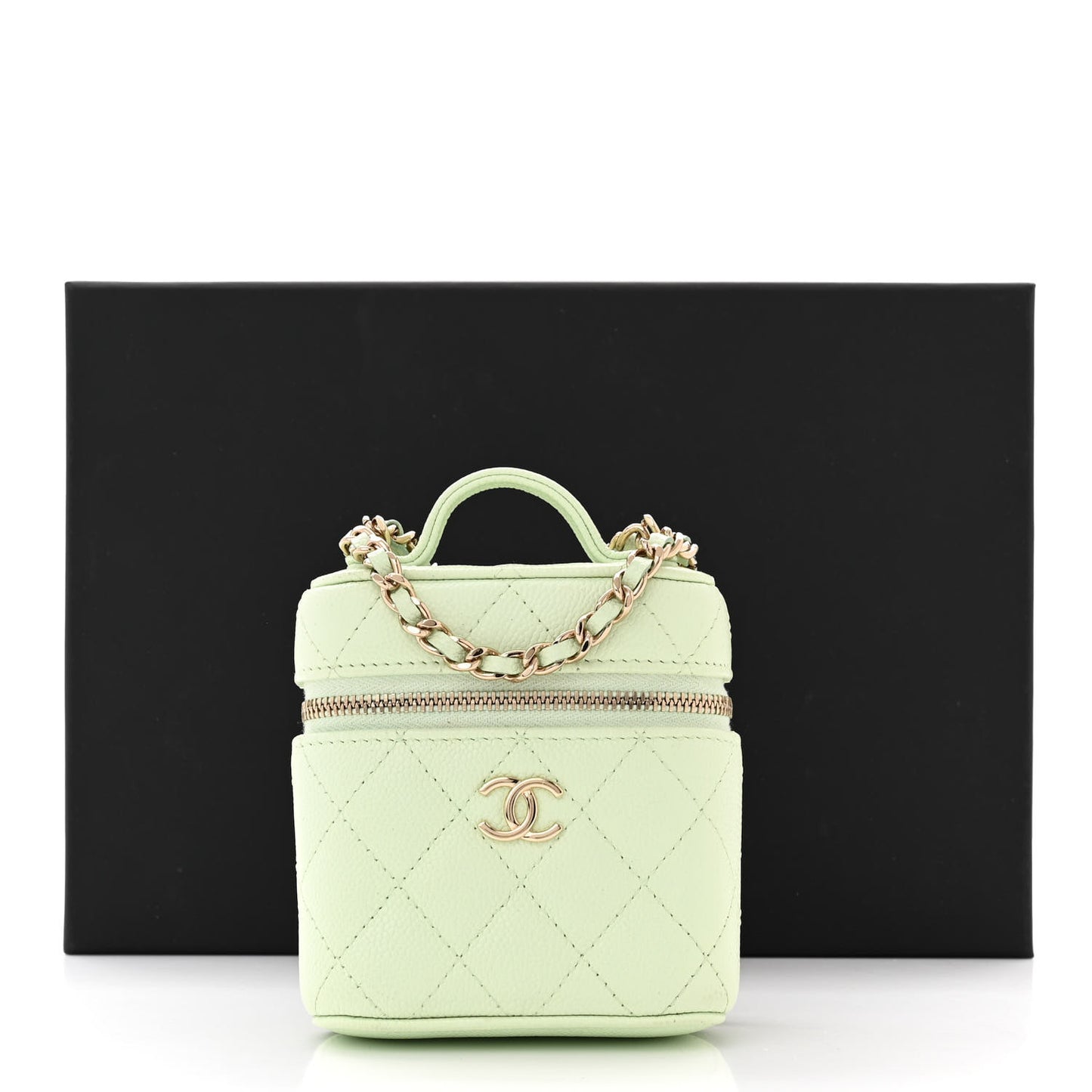Caviar Quilted Small Handle With Care Vanity Case With Chain Light Green