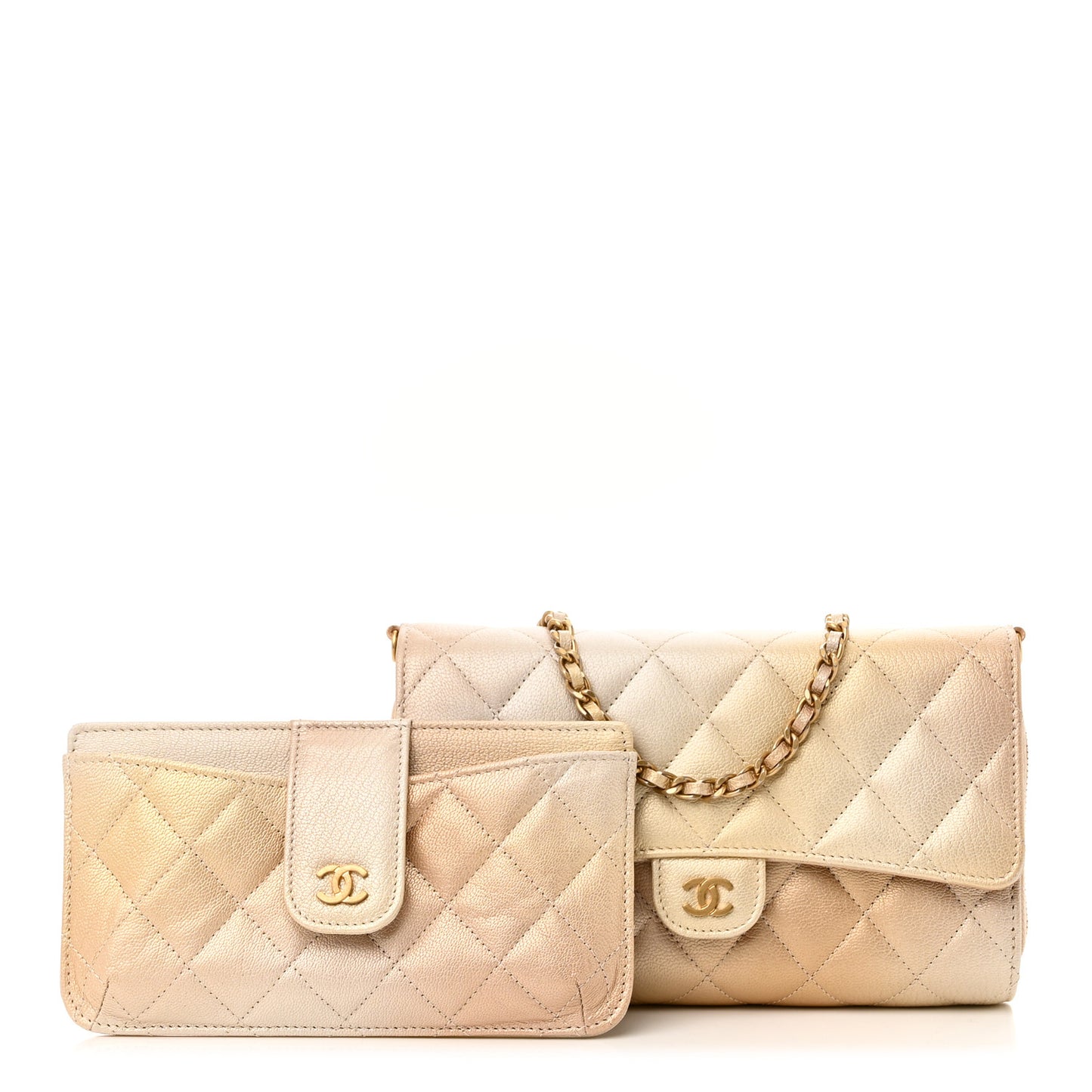 Metallic Goatskin Quilted Phone Holder Wallet on Removable Chain  Gold