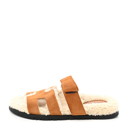 Hermes Suede Goatskin Woolskin Womens Chypre Sandals 37.5 Naturel Ecru 1 of 8