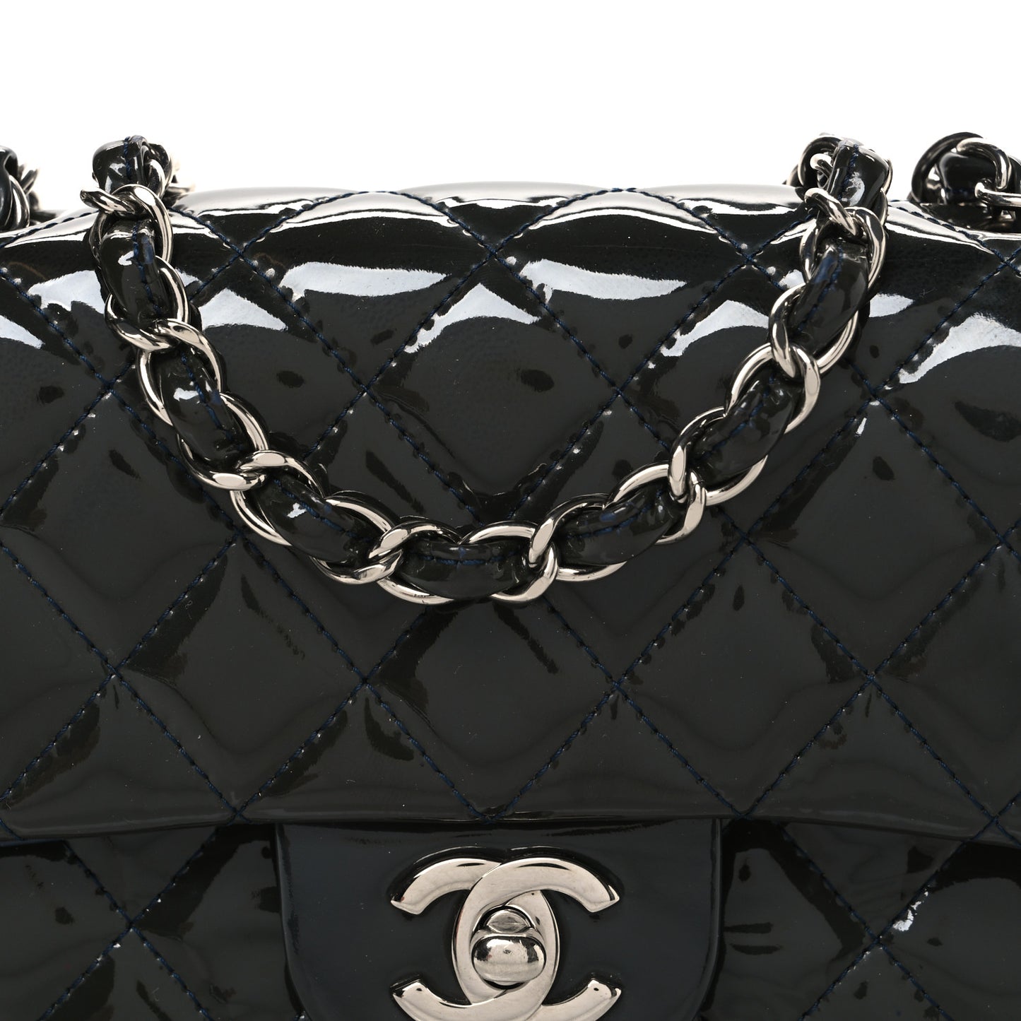 Patent Calfskin Quilted Mini Rectangular Flap Navy Blue