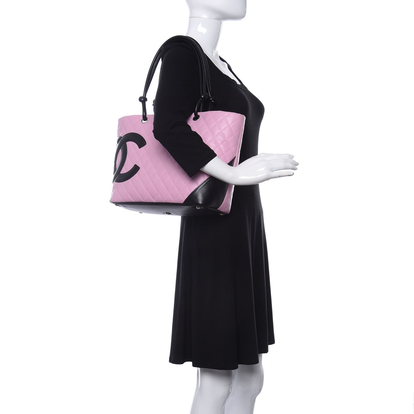 Calfskin Quilted Large Cambon Tote Pink Black