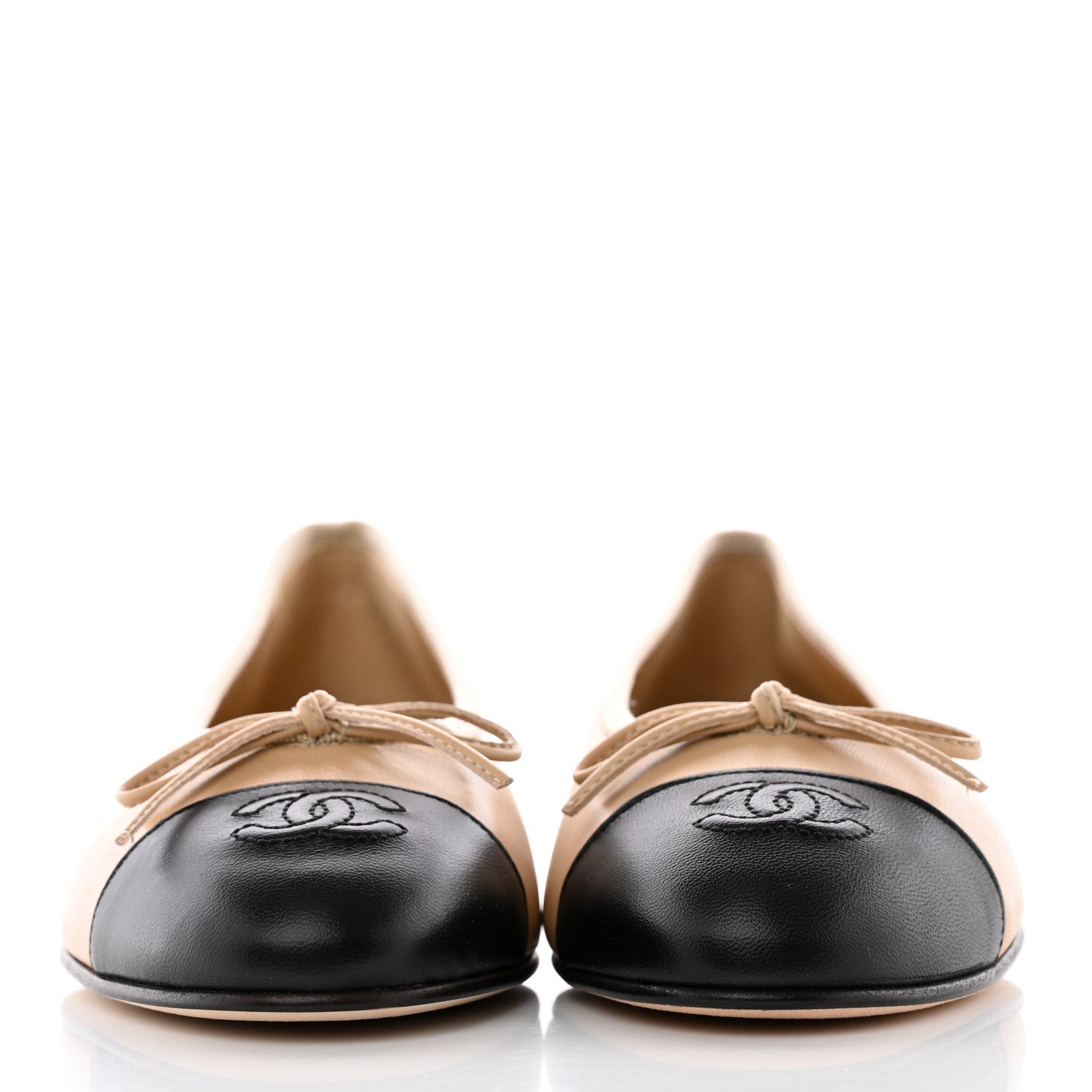 Chanel Lambskin Cap Toe CC Ballerina Flats 37.5 Beige Black 2 of 13