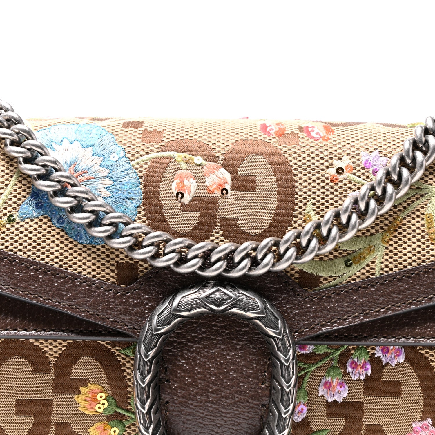 Gucci Monogram Jumbo GG Textured Dollar Calfskin Embroidered Small Dionysus Shoulder Bag Camel Ebony New Acero Multicolor 8 of 11