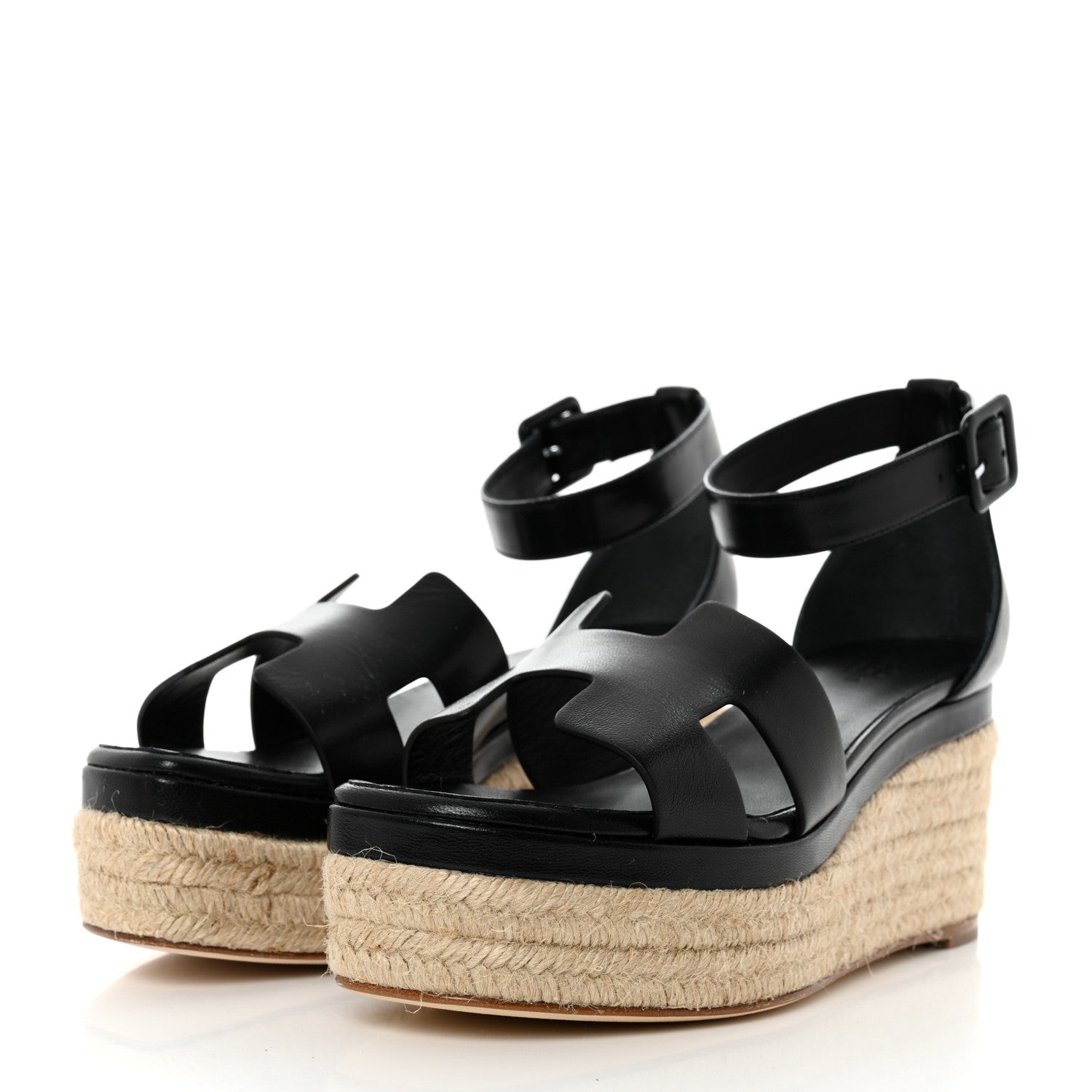 Hermes Goatskin Elda Espadrille Wedge Sandals 39 Black 3 of 9