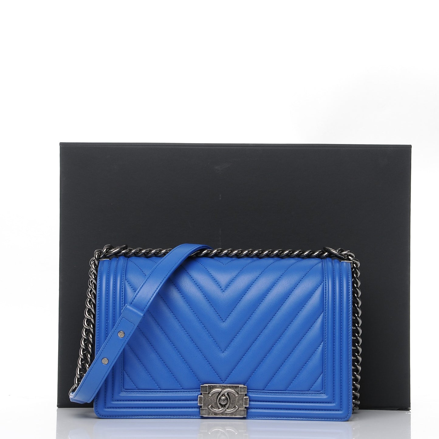 Calfskin Chevron Quilted New Medium Boy Flap Bright Blue