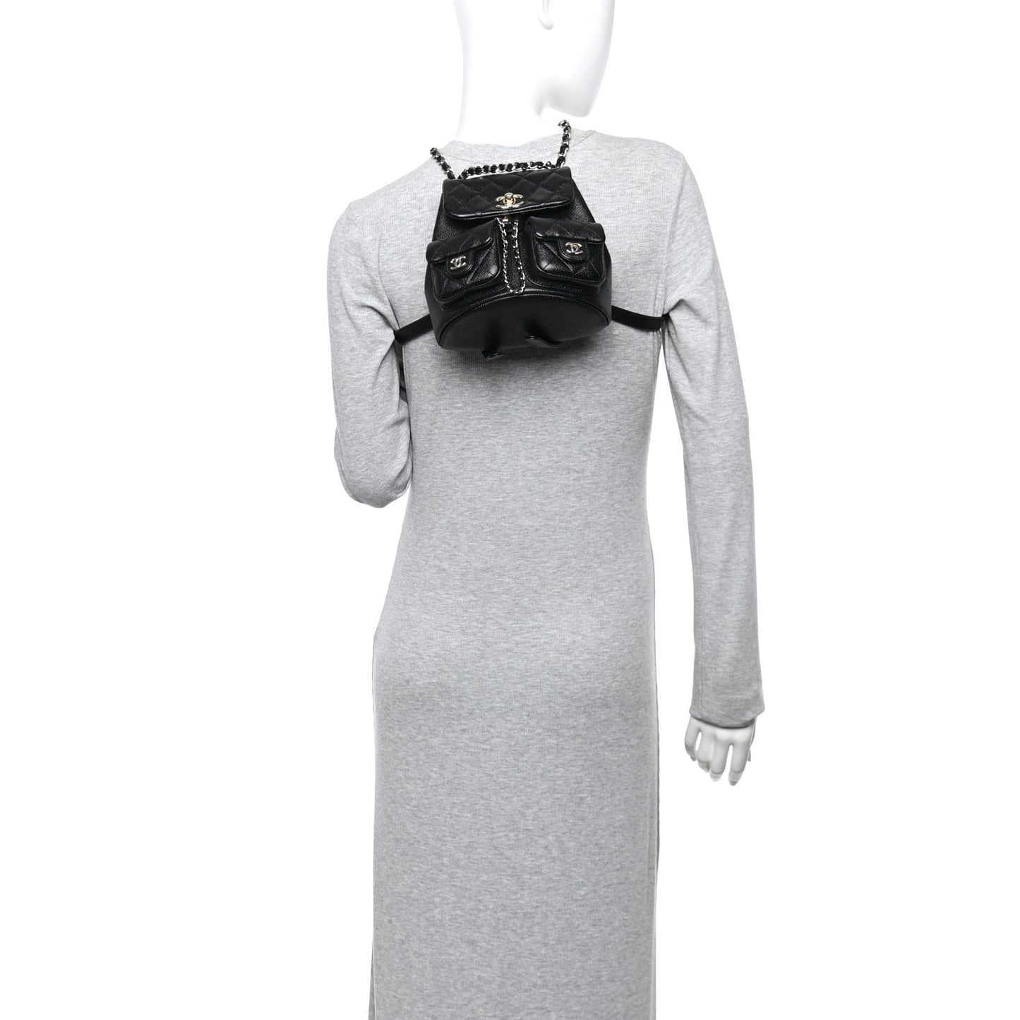 Shiny Caviar Quilted Small Duma Pockets Drawstring Backpack Black