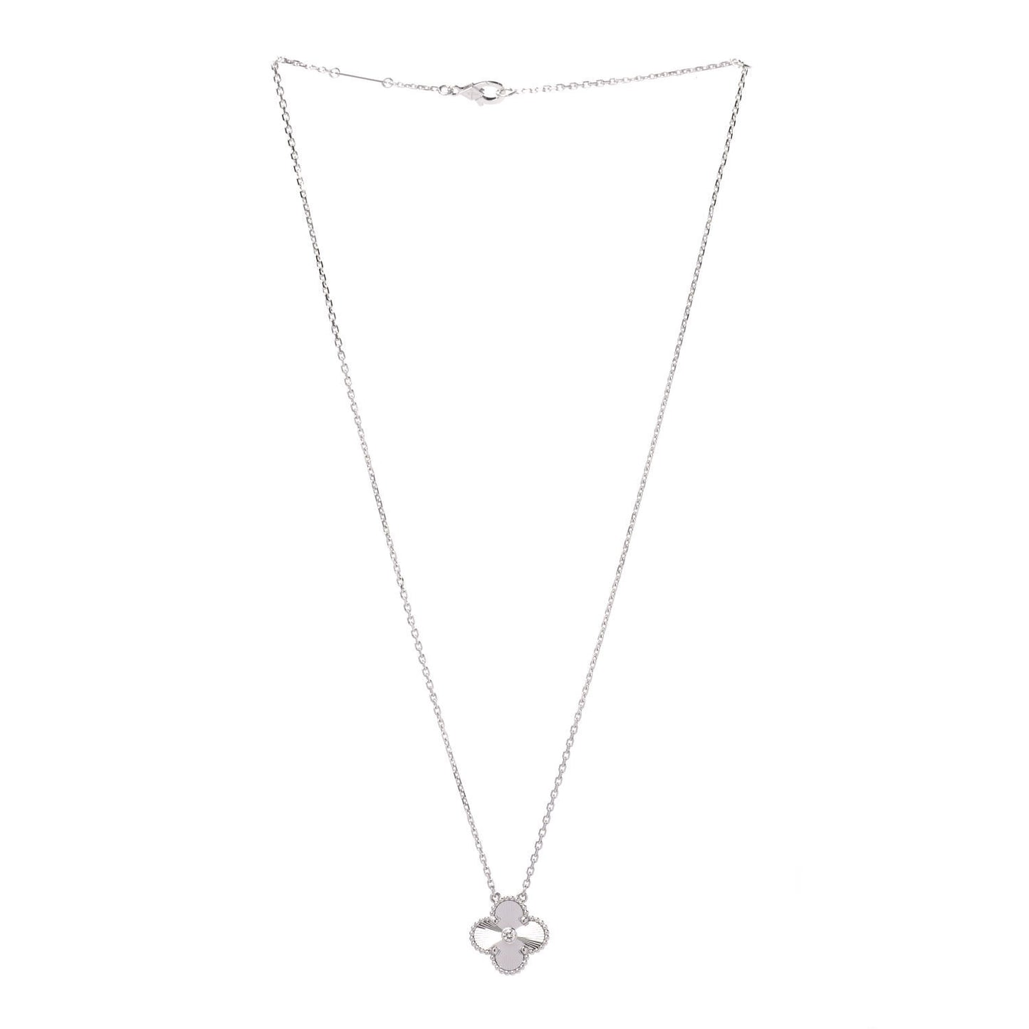 18K White Gold Diamond Guilloche Vintage Alhambra Pendant Necklace