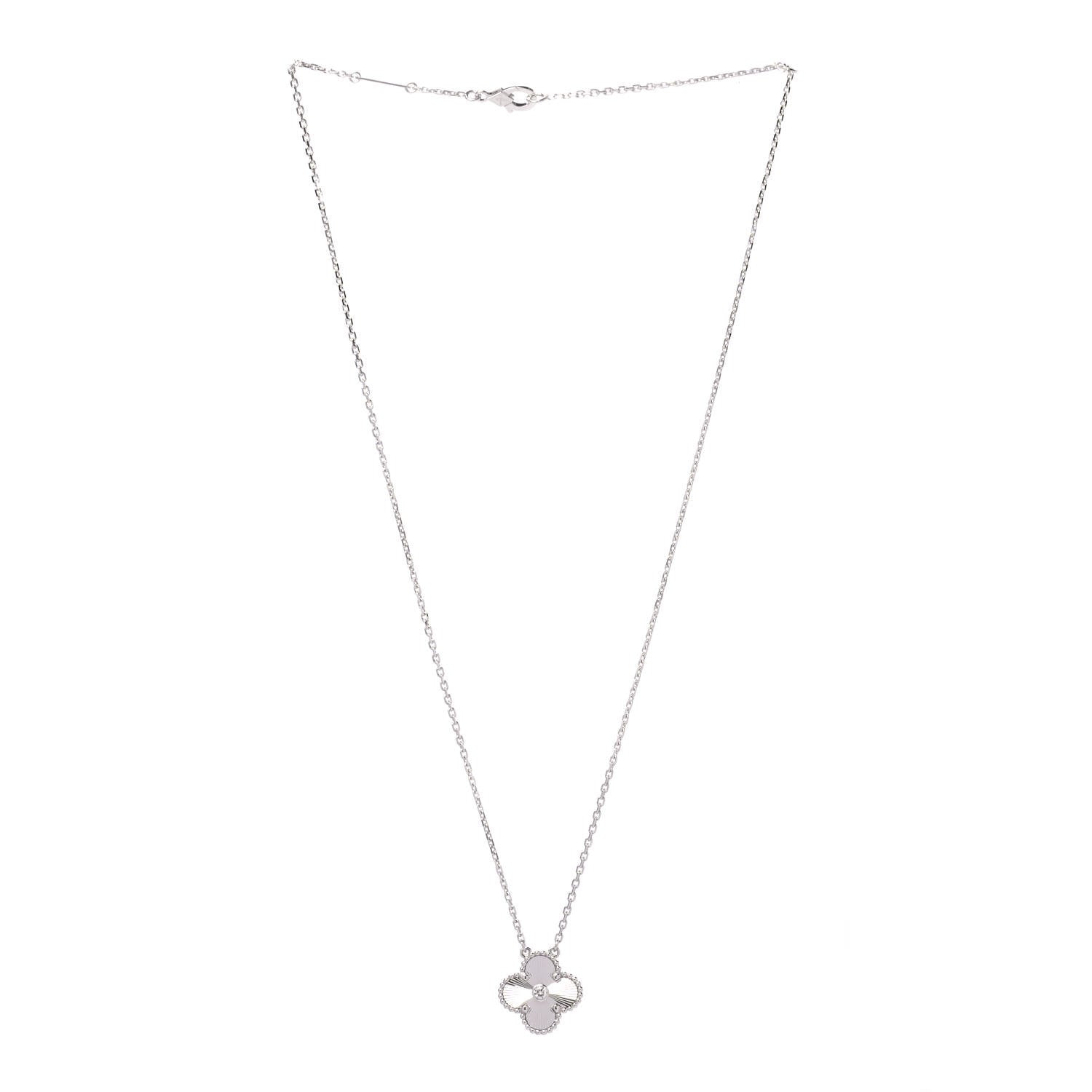 Van Cleef & Arpels 18K White Gold Diamond Guilloche Vintage Alhambra Pendant Necklace 3 of 6