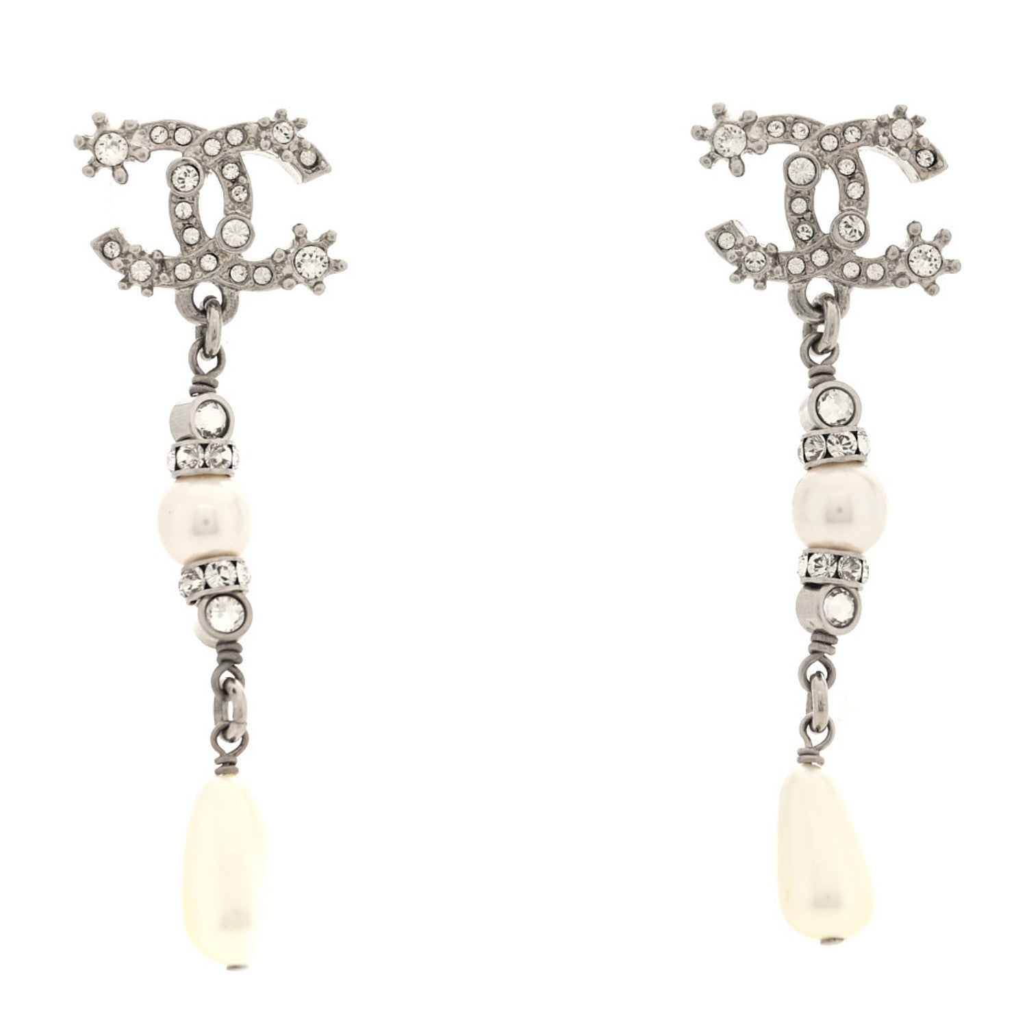 Chanel Crystal Pearl CC Drop Earrings Silver 1 of 4