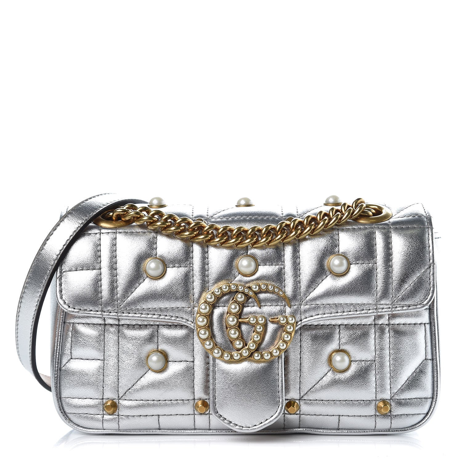 Gucci Metallic Calfskin Matelasse Studded Mini Pearly GG Marmont Shoulder Bag Silver 1 of 8