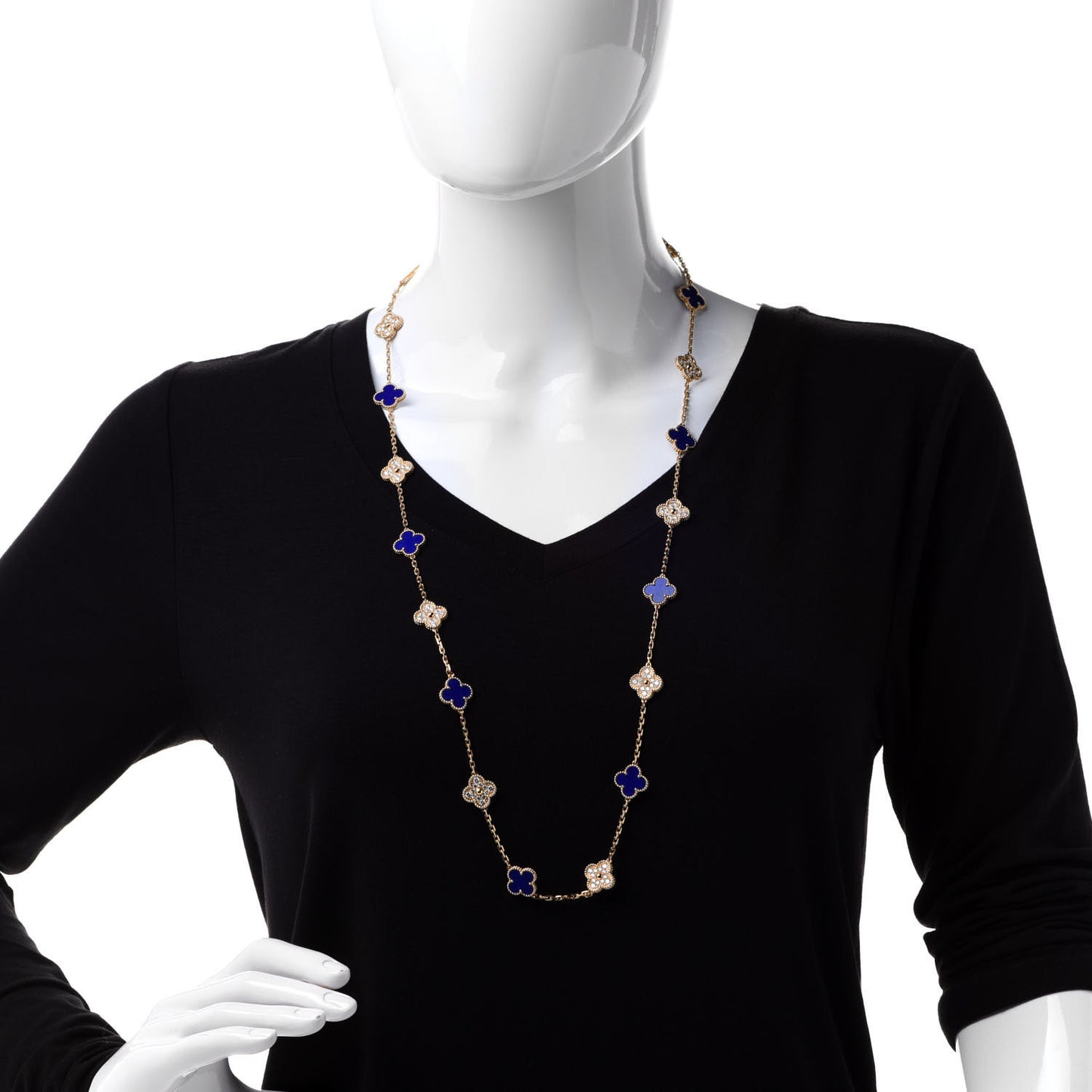 18K Yellow Gold Diamond Lapis 20 Motifs Vintage Alhambra Necklace