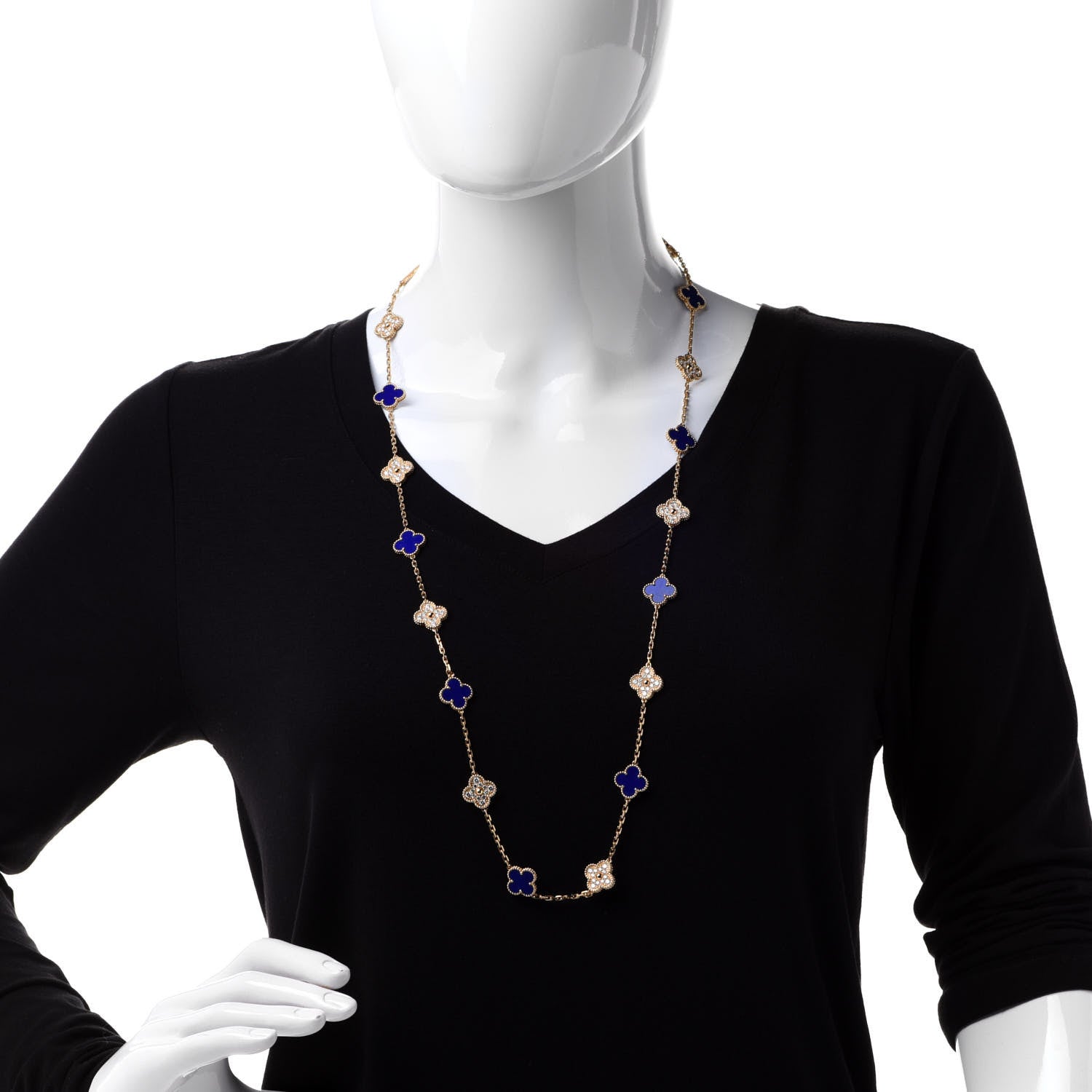 Van Cleef & Arpels 18K Yellow Gold Diamond Lapis 20 Motifs Vintage Alhambra Necklace 2 of 8