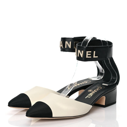 Chanel Lambskin Grosgrain Cap Toe Logo Ankle Strap Pumps 38 White Black 3 of 9