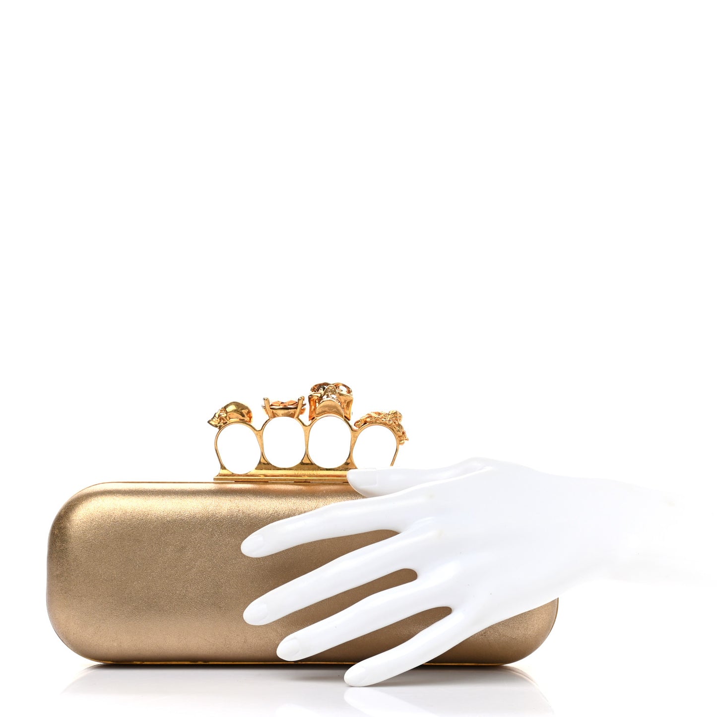 Metallic Lambskin Skull Knuckle Box Clutch Gold