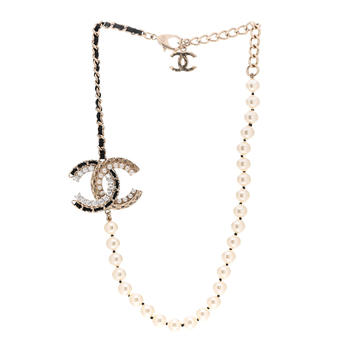 Pearl Crystal Lambskin CC Necklace Gold Black