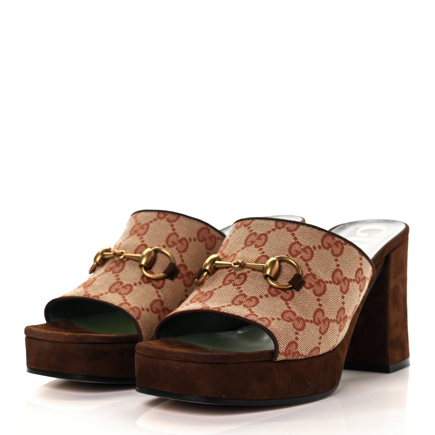 Gucci GG Monogram Kid Scamosciato Houdan Mid Heel Platform Slide Sandals 40 Beige Ruggine Maroon 3 of 10