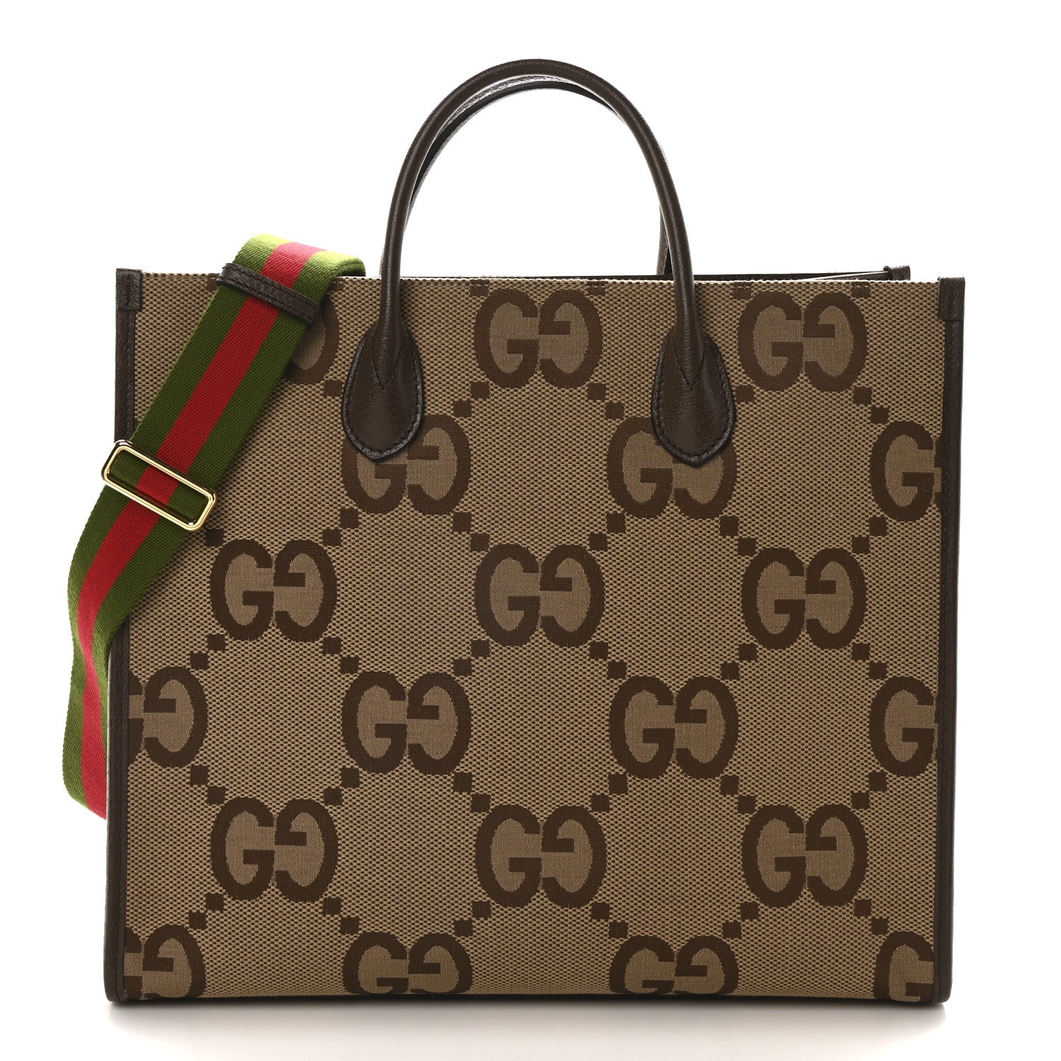 Gucci Monogram Jumbo GG Textured Dollar Calfskin Web Tote Bag Camel Ebony New Acero 1 of 10