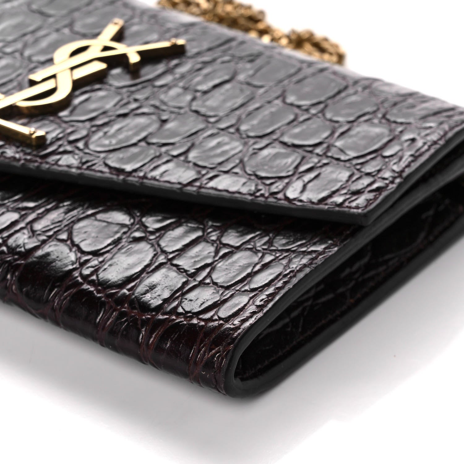Saint Laurent Calfskin Crocodile Embossed Monogram Uptown Chain Wallet Fondente 9 of 11