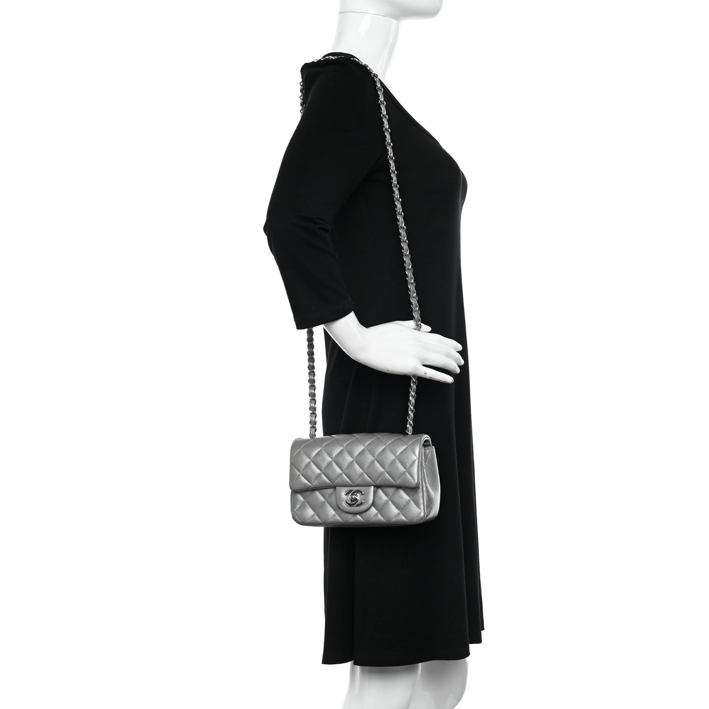Metallic Lambskin Quilted Mini Rectangular Flap Silver