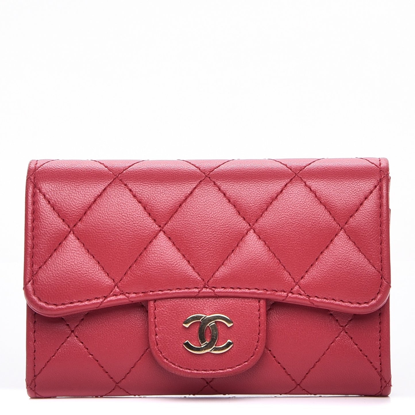 Lambskin Quilted Flap Card Holder Dark Pink