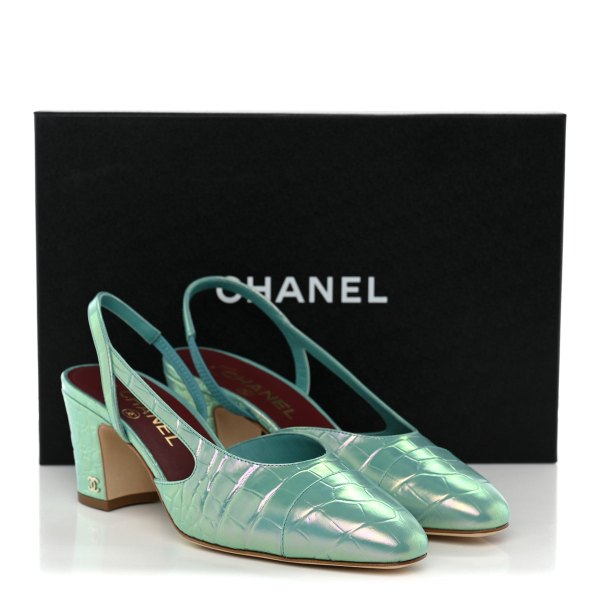 Iridescent Embossed Patent CC Cap Toe CC Slingback Pumps 37.5 Turquoise