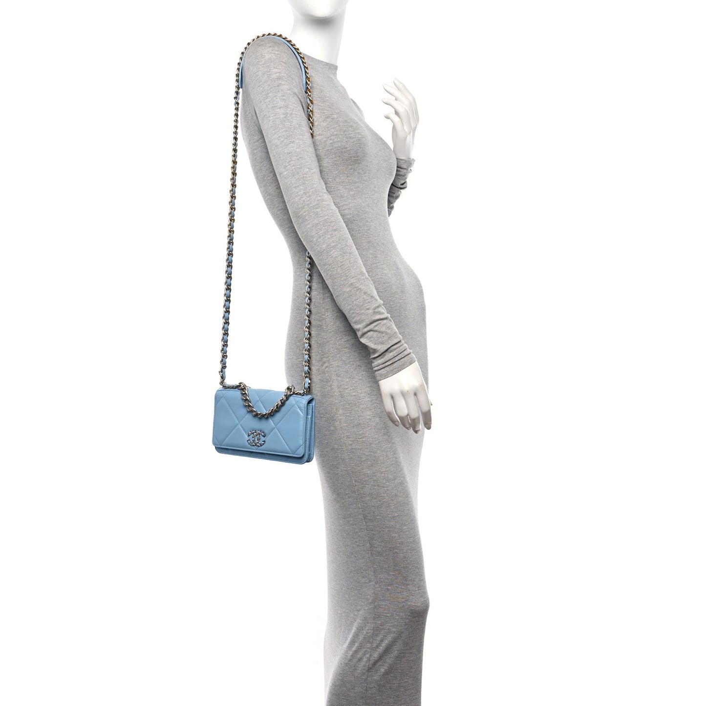 Lambskin Quilted Chanel 19 Wallet On Chain WOC Light Blue