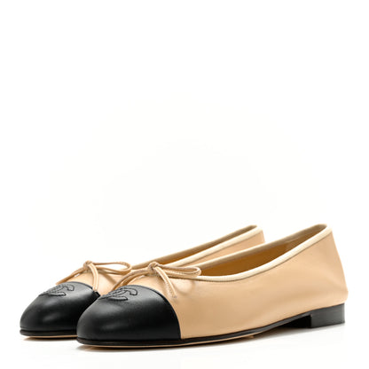 Chanel Lambskin Cap Toe CC Ballerina Flats 37.5 Beige Black 3 of 13