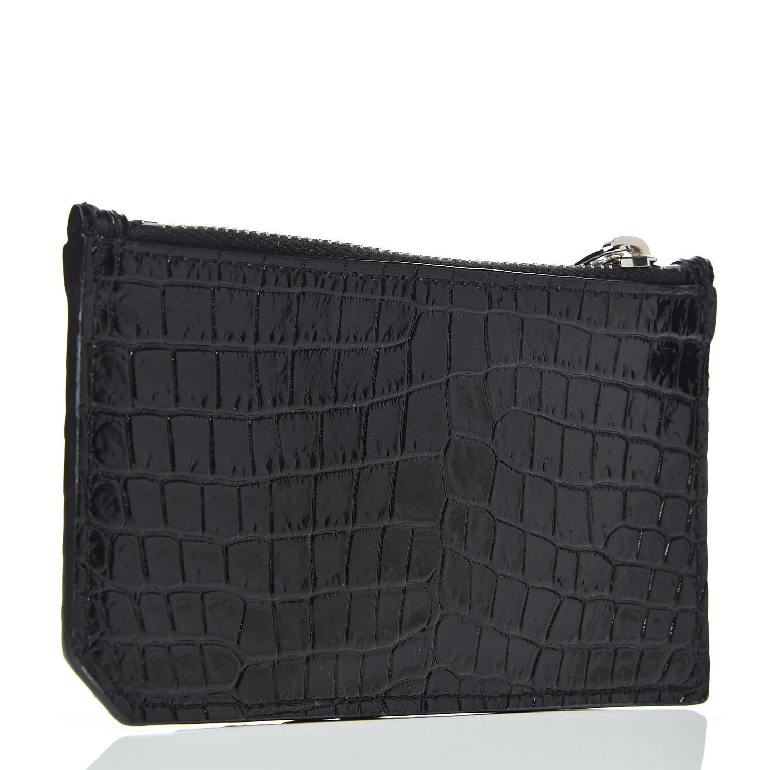 Saint Laurent Calfskin Crocodile Embossed 5 Fragments Zip Pouch Card Holder Black 3 of 7