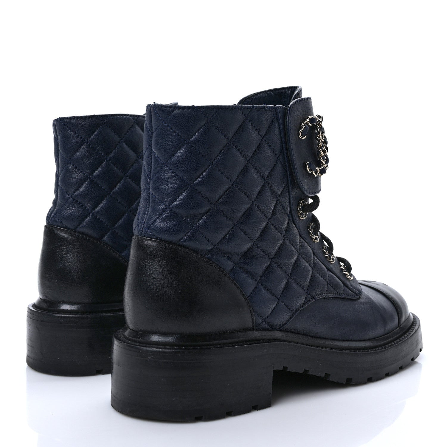 Chanel Lambskin Calfskin Quilted Lace Up Combat Boots 37 Navy 4 of 8
