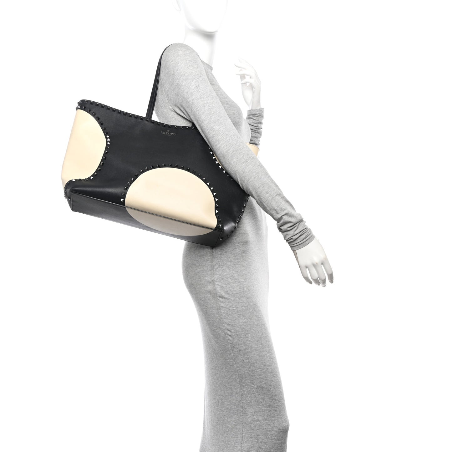 Calfskin Polka Dot Rockstud Shoulder Tote Black Light Ivory