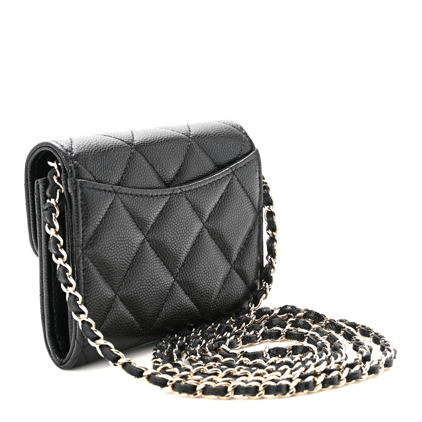 Caviar Quilted Flap Card Holder On Chain Black